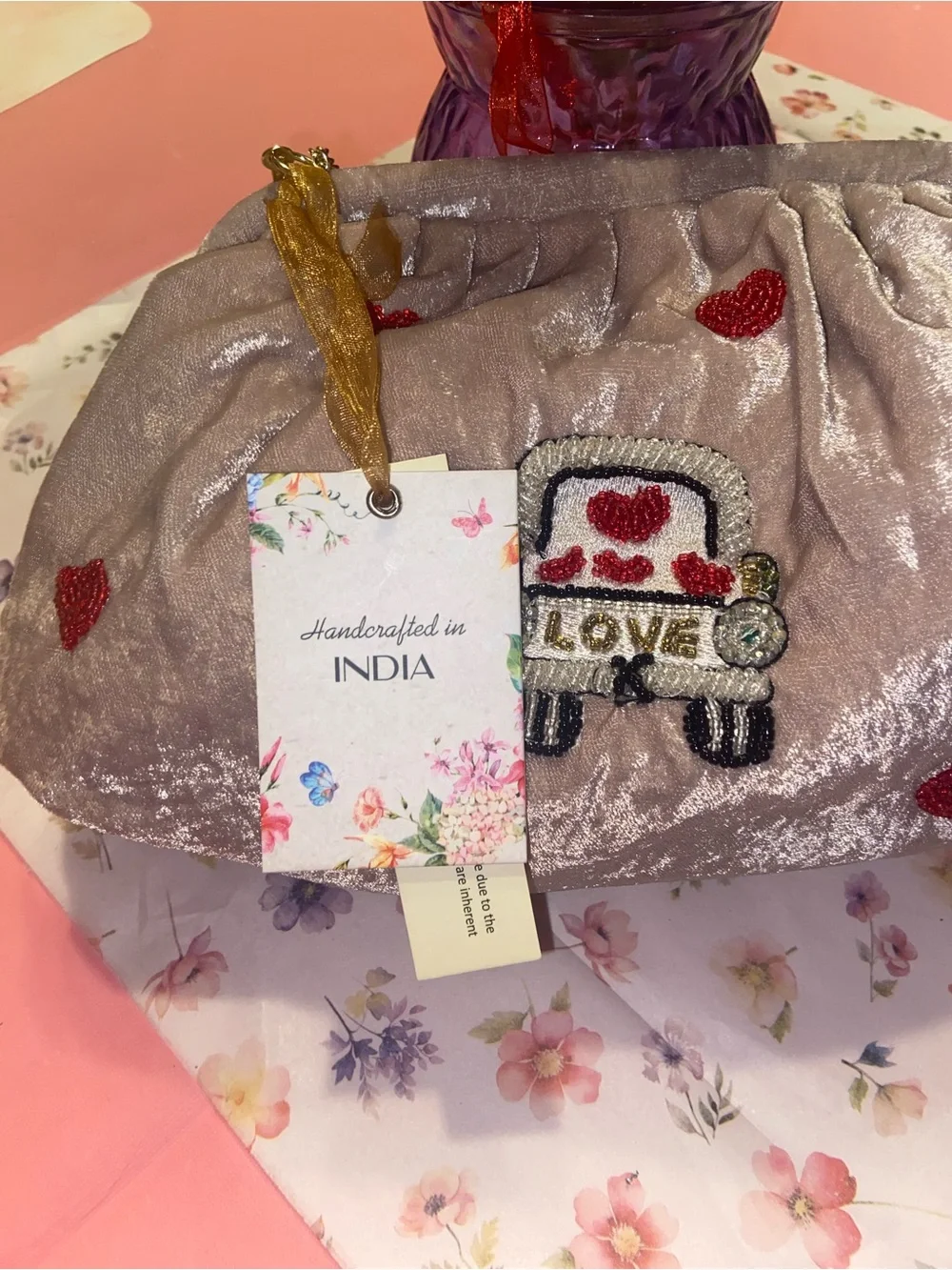 Hand Crafted Pink Velvet Embroidered Bridal Clutch
